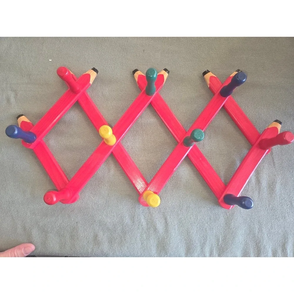 Vintage Wooden Pencil Accordion Wall Rack Expandable Peg Coat Hanger Red Multi